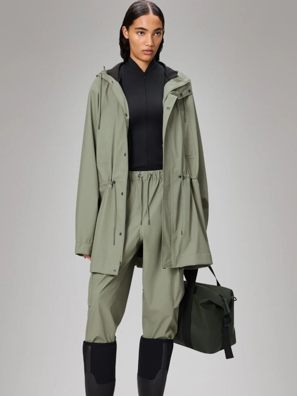 Rains Drift Long Waterproof Coat in Light Sage (Drift)